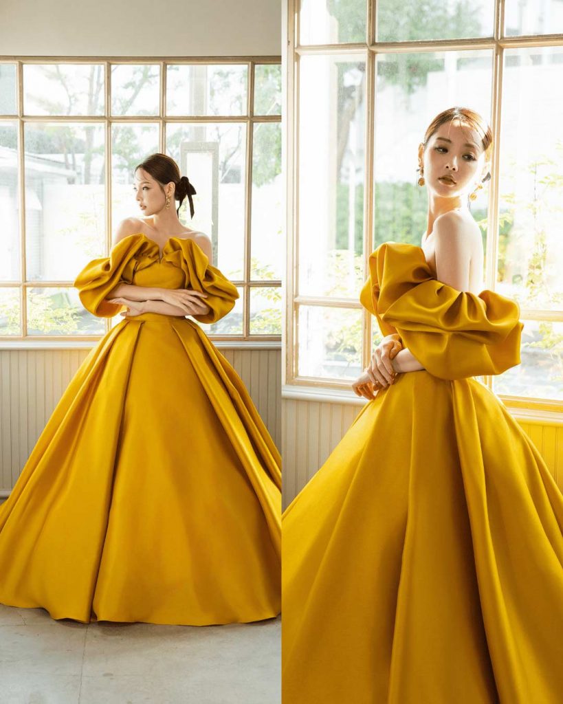 NOA0071_yellow 構築Aライン。コレクションカラーはイエロー。立体シルエットが美しいAラインドレス。