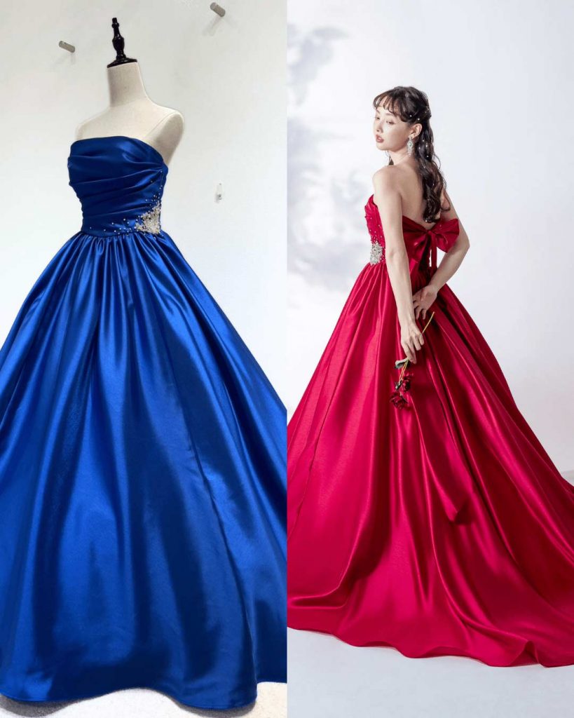 NOA0041_rose ブリリアントAライン。コレクションカラーはローズ。ウエストビジューとリボントレーンがポイント。