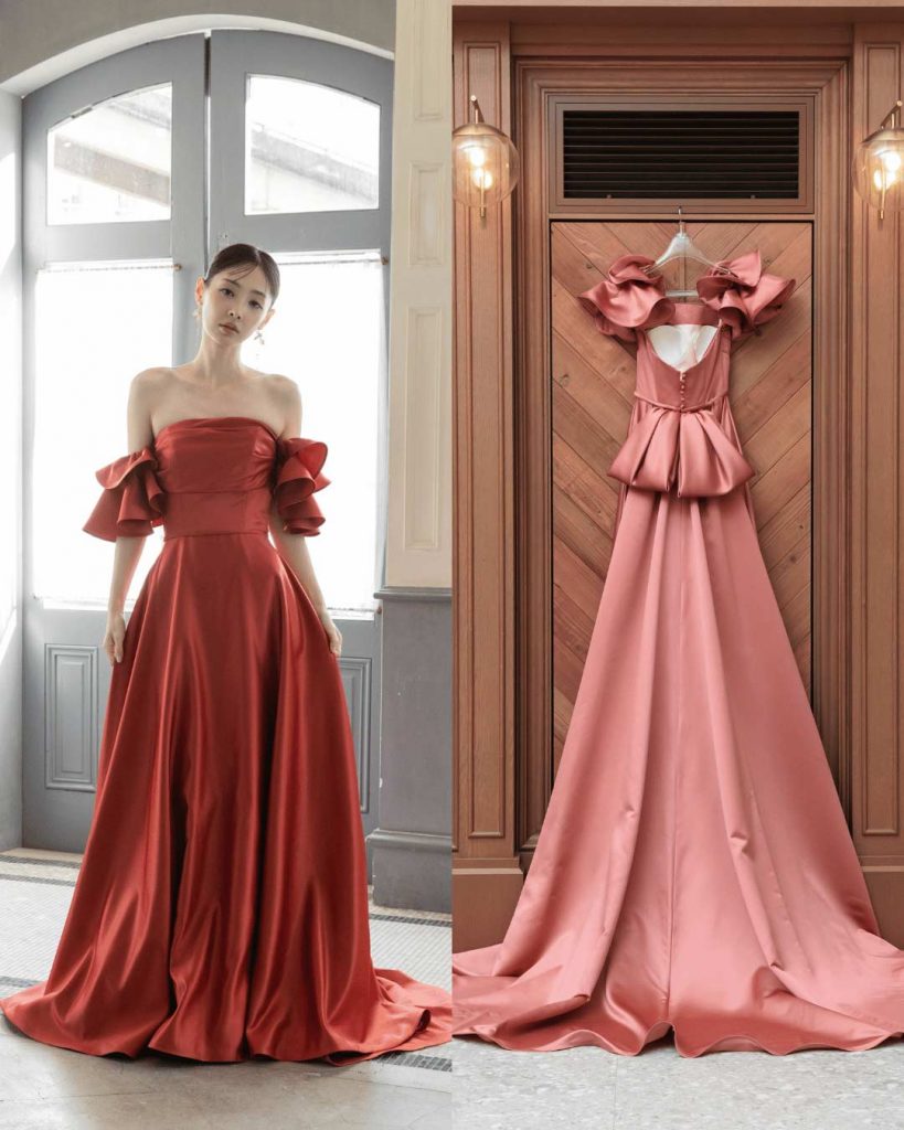 NOA0062_terracotta 華やかスレンダー。コレクションカラーはテラコッタ。ブリリアントサテンのスレンダードレス。