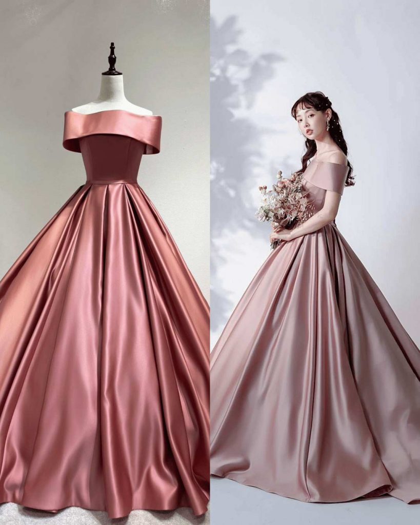 NOA0059_grayishpink 光沢ケープAライン。コレクションカラーはグレイッシュピンク。ミニマルでエレガントなAラインドレス。