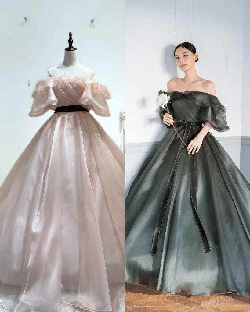 NOA0065_khaki 艶ふわAライン。コレクションカラーはカーキ。ブライトメッシュオーガンジーの光沢と透明感が魅力。