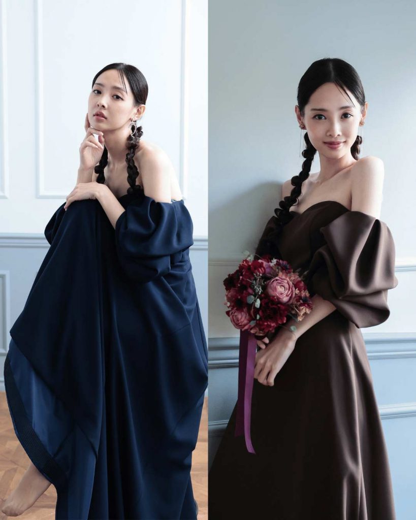 NOA0063_brown 大人パフのマットスレンダー。コレクションカラーはブラウン。梨地ジョーゼットのマットな質感が魅力。