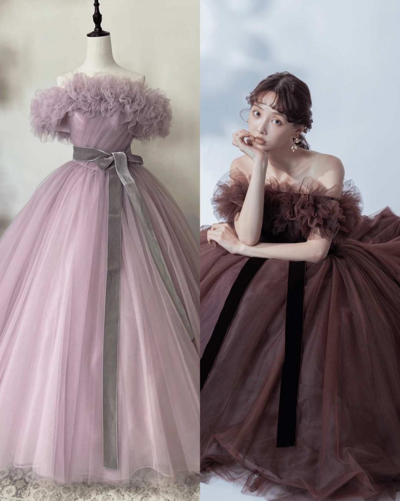 NOA0058_brown ふわエレプリンセス。コレクションカラーはブラウン。チュールケープとベルベットリボンがポイントのロングセラードレス。