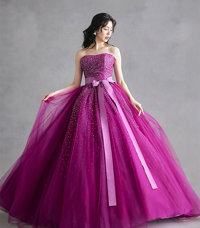チュノアウェディング ラベンダー カラー ドレス パニエ 付き 紫 ピンク注意点として